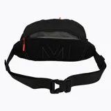 Riñonera Merrell Danby de color negro, confeccionada en nylon impermeable con textura de panal. Cuenta con compartimento principal y bolsillo frontal con cierres equipados con tiradores naranjas, además del logo reflectante de la marca en el frente.