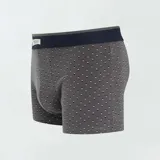 Pack de tres bóxers de algodón elástico para hombre. Incluye un bóxer azul marino liso, uno gris con lunares blancos y uno gris a rayas horizontales azules.