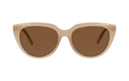 Lentes de sol con armazón de acetato en tono beige traslúcido y cristales marrones, con diseño de estilo cat-eye redondeado.