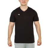 Remera deportiva Diadora de manga corta y cuello en V, color negro, con logo pequeño en el pecho.