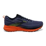 Championes de running Brooks Trace 3 para hombre, color azul marino con detalles en naranja y amarillo.