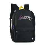 Mochila negra con el logo de los Lakers en violeta y amarillo.