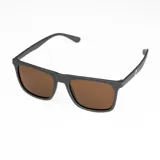 Lentes de sol polarizados con montura rectangular negra y lentes marrones.