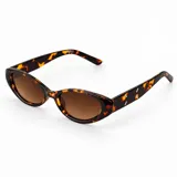 Lentes de sol con armazón carey de diseño ovalado, patillas anchas con detalle de pespuntes metálicos y cristales marrones degradados.