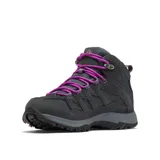 Bota de trekking Columbia modelo Crestwood Mid, color gris con detalles en fucsia. Confeccionada en una combinación de piel y malla, cuenta con tecnología impermeable Omni-Tech, entresuela TechLite para amortiguación y suela Omni-Grip para tracción en diversos terrenos.