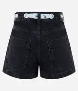 Short de jean negro de tiro alto con bolsillos delanteros y traseros, cierre con botón y cremallera, e incluye un pañuelo celeste con lunares y ojales metálicos para usar como lazo en la cintura.