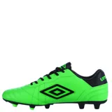 Championes de fútbol Umbro Touch FG, diseñados para césped natural. Presentan un acabado plateado metalizado con detalles en amarillo neón en el logo lateral, talón y tapones. Confeccionados en material sintético resistente con cierre de cordones.