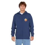 Canguro con cierre frontal completo, capucha con cordones ajustables y bolsillos tipo canguro. Presenta un estampado circular pequeño en el pecho con el logo de la marca en tonos cálidos.