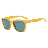 Lentes de sol unisex, con marco negro y borde azul. Lentes espejados polarizados color celeste.