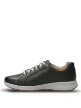 Championes Hush Puppies modelo Spinal Laceup de cuero color negro, con cordones grises, ojalillos metálicos dorados, entresuela gris y suela de goma.