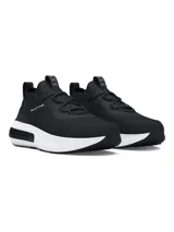 Championes Under Armour modelo Phantom 4, de diseño urbano y técnico. Presentan una capellada de tejido de punto negro con cuello elástico tipo calcetín, contrafuerte de TPU en el talón y una entresuela blanca con tecnología de amortiguación UA HOVR+.