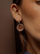 Aros colgantes con argolla de acero quirúrgico y dije circular de resina color cobre, rodeado de strass.