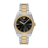 Reloj analógico Emporio Armani modelo Antonio con caja de acero inoxidable de 41mm, esfera negra con índices dorados y ventana de fecha. Presenta una pulsera de eslabones bicolor en acero plateado y dorado con cierre desplegable.