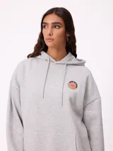 Canguro gris con capucha, de corte oversize, con estampado gráfico multicolor en la espalda que incluye diversos parches y logotipos de la marca Rusty.