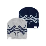 Gorro de lana tejido reversible, un lado azul marino y el otro gris, con diseño de moños en ambos lados.