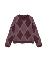 Sweater de punto con cuello redondo y mangas largas, con diseño de rombos en tonos bordó y rosado. Presenta hombros caídos y un calce regular.