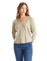 Buzo tejido de hilado fino color rosado, con escote en V, mangas tres cuartos y diseño estilo dolman.