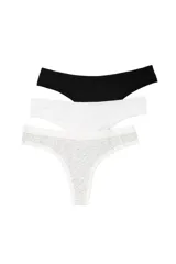 Pack de tres bombachas tipo colaless de algodón, con cintura elastizada. Incluye una prenda negra, una blanca y una gris melange.