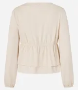 Blusa color crema con escote en V, mangas largas y lazo en el busto.