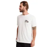 Remera blanca de algodón con estampado pequeño de un vehículo todoterreno y el logo de la marca Roark en el pecho. Corte clásico y mangas cortas.