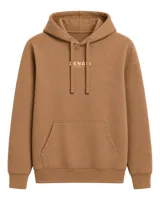Hoodie de color camel con capucha y cordones ajustables, bolsillo frontal tipo canguro y estampado pequeño en el pecho con la marca Denali.