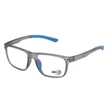 Anteojos de receta MDQ modelo T44 con armazón de acetato en color gris traslúcido y detalles en azul en las patillas y puente nasal.