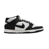 Championes Nike Dunk Mid con diseño bicolor en blanco y negro. Confeccionados en lona resistente, presentan el icónico swoosh de Nike en los laterales, cierre con cordones y suela de goma con efecto moteado.