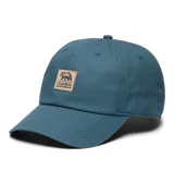 Gorro unisex de algodón color azul verdoso, con visera curva y cierre de velcro ajustable en la parte trasera. Presenta un parche frontal bordado con el logo de Columbia Sportswear y un oso.