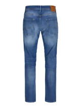 Jean de calce tapered, con tiro alto, rodilla cómoda y abertura de pierna ceñida. Diseño clásico de cinco bolsillos y cierre con botón.