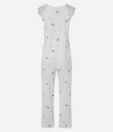 Pijama de dos piezas de viscolycra blanca con estampado floral y detalles de encaje en los hombros. Incluye una musculosa de escote redondo y un pantalón largo de corte recto.