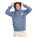 Canguro azul con cierre frontal completo, capucha ajustable con cordón, bolsillo tipo canguro y logo de la marca estampado en el pecho.