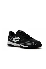 Zapatillas de fútbol 5 Lotto Solista TF, color negro con detalles en blanco, diseñadas para césped sintético.