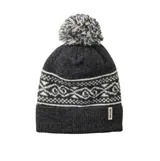 Gorro de lana con diseño jacquard en tonos gris y blanco, con pompón superior y etiqueta de marca en el borde inferior.