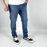 Pantalón de jean azul de corte recto, con bolsillos clásicos.
