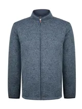 Campera polar RKF modelo Arizona, de color azul navy jaspeado, con cuello alto, cierre frontal completo y mangas largas. Cuenta con interior de micropolar y calce regular.