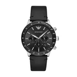Reloj cronógrafo Emporio Armani modelo Mario con caja de acero inoxidable, esfera negra con índices plateados y correa de cuero negro.