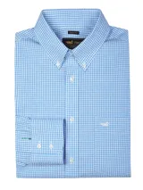 Camisa de manga larga para hombre, marca RKF, modelo WF PB, color calipso con diseño a cuadros pequeños. Tiene cuello abotonado, bolsillo en el pecho con logo bordado y tecnología wrinkle-free. Producto de calce holgado.