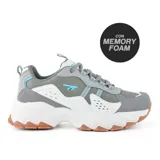 Championes Hi-Tec Flor grises con detalles en blanco y celeste. Zapatillas deportivas con suela gruesa y tecnología Memory Foam.