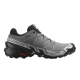 Championes de trail running Salomon Speedcross 6, color gris y negro, con suela Contagrip de gran adherencia, sistema de ajuste rápido Quicklace y refuerzos protectores en la puntera.