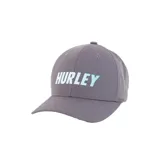 Gorro tipo béisbol de color gris oscuro, con visera curva y ajuste regulable trasero. Presenta el logo "HURLEY" estampado en el frente con un efecto de líneas horizontales en tonos celestes y blancos.