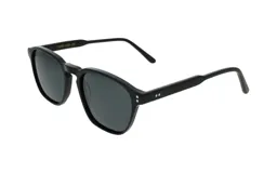 Lentes de sol unisex negros con montura redonda de acetato y lentes grises.