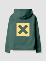Hoodie azul marino con capucha, bolsillo tipo canguro y gran estampado cuadrado en la espalda con una letra X negra sobre fondo beige.