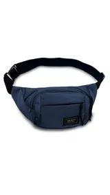 Riñonera azul marino de tafeta con tres bolsillos con cierre y correa de galón ajustable.