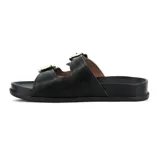 Sandalias tipo slides de color negro, con dos tiras anchas ajustables mediante hebillas metálicas doradas y suela anatómica.