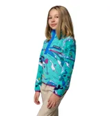 Buzo polar Columbia unisex con estampado de Mickey Mouse esquiando, cierre de botones a presión en el cuello y detalles en color fucsia.