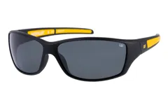 Lentes de sol Caterpillar modelo CTS 8016, con montura deportiva color negro mate y detalles en amarillo en las patillas. Lentes oscuros grises.