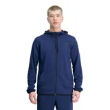 Campera deportiva con capucha New Balance Tenacity Knit, color azul marino, con cierre frontal completo, bolsillos laterales y logo de la marca en el pecho. Confeccionada en tejido de punto doble con tecnología NB DRY para secado rápido.
