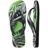 Ojotas Havaianas Top Athletic con diseño estampado en tonos negro, gris y verde, con motivos de skateboarding.