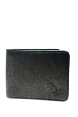 Billetera negra de cuerina con costuras al tono y logo en la esquina inferior derecha.