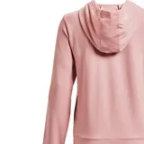 Buzo Under Armour color rosa, con capucha y cordones blancos. Logo de la marca estampado en el pecho.